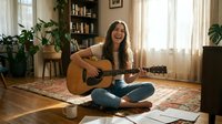 Young woman playing acoustic guitar sitting cross-legged on rug in cozy living room with plants and bookshelves, natural light streaming through windows.