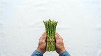 Fresh green asparagus bunch held in male hands against white background, suitable for cooking, nutrition, and healthy eating content.