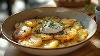 Sliced golden potatoes with melting butter and fresh herbs served in rustic ceramic bowl, close-up view showing texture and seasoning for appetizing presentation.