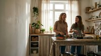 Two young women cooking together in cozy rustic kitchen with natural light, wooden counters and shelving. Home cooking lifestyle concept.