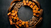 Circular arrangement of caramel candies, coffee beans, cinnamon sticks and nuts on dark background. Sweet confectionery display for dessert menus and food blogs.