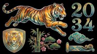 Tiger leaping in dynamic pose with decorative numbers, shield emblem, floral botanical elements, and ornamental scrolls on transparent background. Ready for t-shirt design, clipart, stickers, sublimation, and print-on-demand projects.