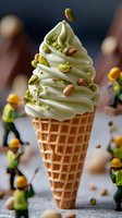Creamy soft serve ice cream topped with crushed pistachios in waffle cone, decorated with whole nuts against dark background, with miniature workers.