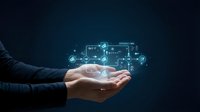 Business professional hands presenting digital technology icons and connectivity network in dark blue background for modern corporate solutions.