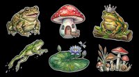 Six cute frog and mushroom sticker clipart set, isolated on transparent background, ready for t-shirt design, print on demand, sublimation, and stickers.