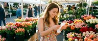Woman with long brown hair and light skin, wearing a floral dress, selecting colorful tulips at an outdoor flower market or garden center surrounded by vibrant blooms.