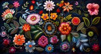 Vibrant folk art floral composition with colorful blooms and leaves on dark background, featuring pink, orange, blue and red flowers in decorative style.