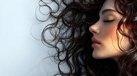 Young woman with flowing curly brown hair in motion against light background. Natural beauty portrait with closed eyes and serene expression for wellness concepts.