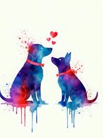 Watercolor dog and cat silhouettes with hearts and paint splashes on white background for pet love designs and romantic greeting cards.