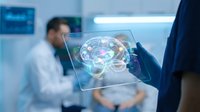 Medical professional analyzing digital brain scan hologram in modern laboratory for neurological research and diagnosis.