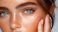 Young woman with glowing natural makeup, freckles, and bright green eyes in close-up beauty portrait showing dewy fresh skin and manicured nails.