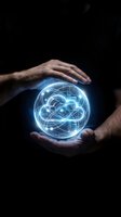 Male hands holding glowing blue energy sphere with digital network patterns against dark background, representing innovation, technology, science, and future concepts for business and research applications.