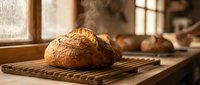 Freshly baked artisan bread loaf cooling on wire rack in warm sunlit kitchen. Rustic homemade sourdough with golden crust perfect for bakery marketing.