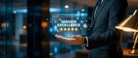 Businessman in dark suit holding glowing service excellence rating with five stars and digital interface in modern office environment with blue and gold lighting.