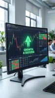 Stock market trading dashboard displayed on monitor with growth arrow and financial charts in modern office workspace for investment and business analysis.
