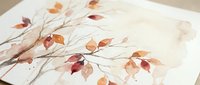 Watercolor autumn branch with colorful fall leaves in warm orange and red tones on textured paper, perfect for seasonal greeting cards and home decor.