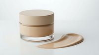 Luxury foundation cream jar with makeup swatch on neutral background for cosmetic branding and beauty product advertising campaigns.