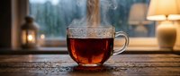 Steaming hot tea in a glass cup on a rustic wooden table by a rainy window, warm cozy atmosphere with soft lamp light.