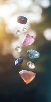 Floating healing crystals in various colors against blurred bokeh background, raw gemstones suspended in air with sunlight creating magical ethereal atmosphere.