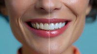 Close up of smiling mouth showing teeth whitening effect, before and after dental treatment comparison on blue background for cosmetic dentistry promotion.