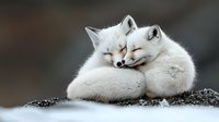 Two snuggling arctic foxes with white winter fur coats rest together, displaying affection and warmth against dark background in natural habitat setting.