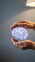Senior male hands holding glowing neon brain with gears and circuit patterns, representing artificial intelligence, innovation, and technology concepts for business and healthcare applications.