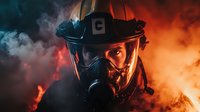 Dramatic portrait of firefighter in protective mask and helmet surrounded by smoke and orange flames during emergency response operation.