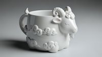 White ceramic sheep mug with decorative swirls and horns on neutral background for kitchen decor and gift concepts.