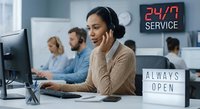 Professional customer service representative with headset working in modern call center office providing 24/7 support to clients and customers.