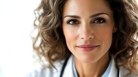 Confident Hispanic female medical professional with curly brown hair and white coat smiling warmly at camera against light background. Professional healthcare portrait.