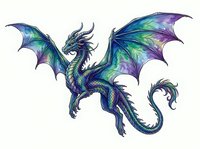 Mythical dragon with iridescent wings in shades of blue, green, and purple, isolated on white background. Suitable for fantasy designs, t-shirts, and creative projects.