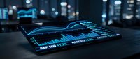 Futuristic holographic credit card with glowing blue digital elements and data streams on dark surface against blurred city lights background at night.