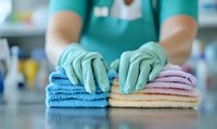 Hands in mint green rubber gloves organizing stack of colorful microfiber cleaning cloths on gray surface, close-up view showing housekeeping and cleaning service.