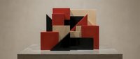 Abstract geometric composition with red, black and beige cubes arranged on neutral surface creating modern minimalist sculptural display for contemporary design.