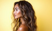 Profile view of young Hispanic woman with long wavy brown hair and glowing bronzed skin against yellow background, showcasing natural beauty makeup and hair styling.