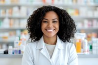 Young African American female pharmacist with curly hair and white coat smiling warmly in modern pharmacy with medicine shelves in background. Professional healthcare portrait.