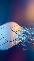 Credit card chip with glowing digital particles and light effects representing secure payment technology and financial innovation in modern banking.