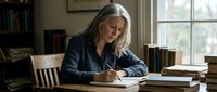 Mature Caucasian woman with gray hair writing in notebook at wooden desk surrounded by books in cozy home library study room for education and learning.