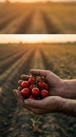 Farmer hands holding fresh cherry tomatoes at sunset in agricultural field with crop rows stretching to horizon during golden hour harvest time.