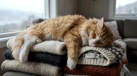 Ginger and white cat lounging on stacked knit sweaters and blankets by window with city skyline view. Cozy home interior scene for lifestyle and pet content.
