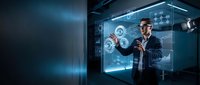 Professional businessman in suit interacting with futuristic holographic interface displaying digital data and virtual reality technology in modern office.
