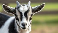 Young goat kid with black and white markings looking directly at camera on farm with blurred green background for agriculture and livestock concepts.