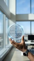 Male professional holding transparent sphere with governance framework, policy structures, and hierarchies holographic interface in modern office with large windows and city skyline view.