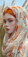 Young woman with vibrant red hair and fair complexion wearing ornate floral embroidered headscarf in wheat field. Fashion and beauty portrait for editorial and commercial use.
