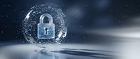 Digital security concept with glowing padlock icon surrounded by network connections and data particles on futuristic blue background for cybersecurity applications.