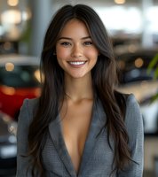 Young Asian businesswoman with long dark hair wearing grey blazer smiling confidently in modern office setting with bokeh background. Professional corporate portrait.
