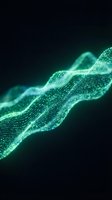 Glowing digital wave with flowing particles and binary code on dark background, representing data stream, technology, and network connectivity for tech projects.