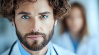 Caucasian male doctor with striking blue eyes, dark curly hair and beard wearing medical coat, looking at camera. Healthcare professional portrait with blurred background.