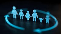 Glowing blue figures of family members arranged in circle on dark background, representing family connections, relationships and generational bonds in modern society.