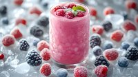 Pink berry smoothie with fresh raspberries and blueberries on top, surrounded by frozen mixed berries and ice cubes on gray background.